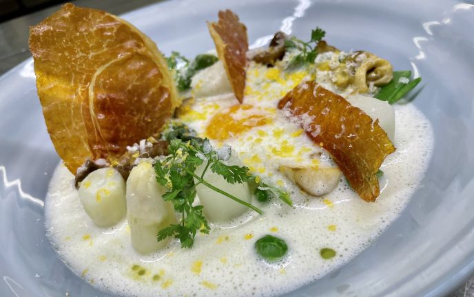 Spargel-Cassoulet mit frischen Pilzen und warmem Eidotter